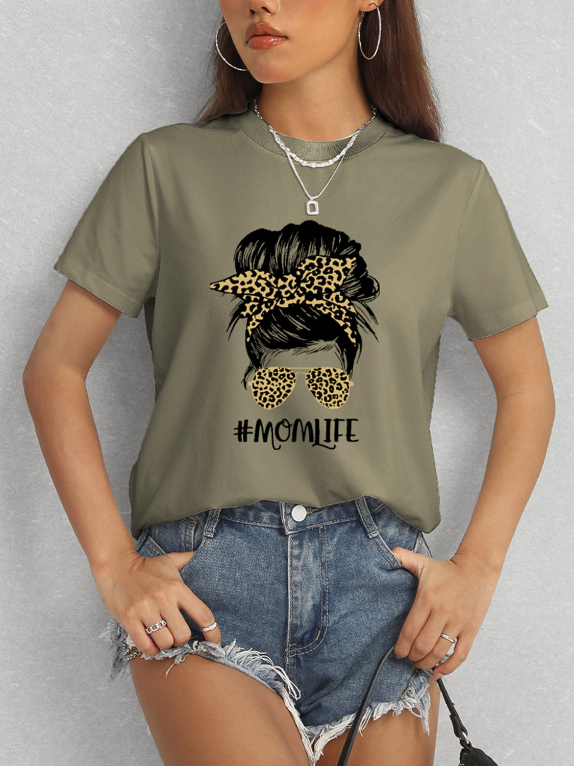MOMLIFE Round Neck Short Sleeve T-Shirt Trendsi
