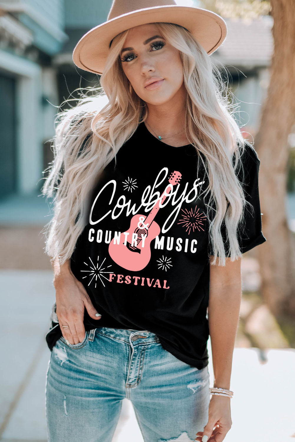 Cowboys Country Music Round Neck T-Shirt Trendsi