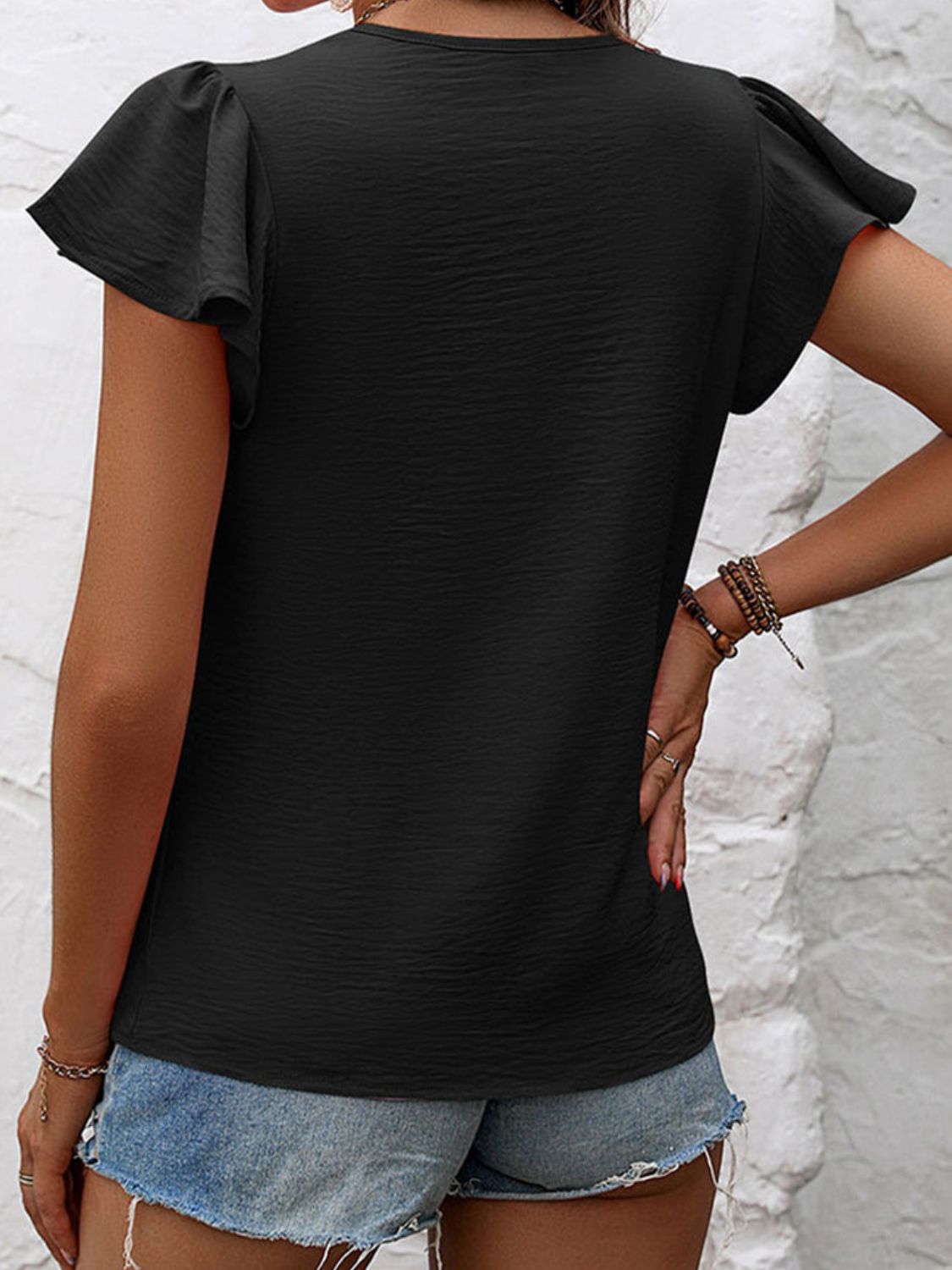 Ruffled Neck Cap Sleeve Blouse Trendsi
