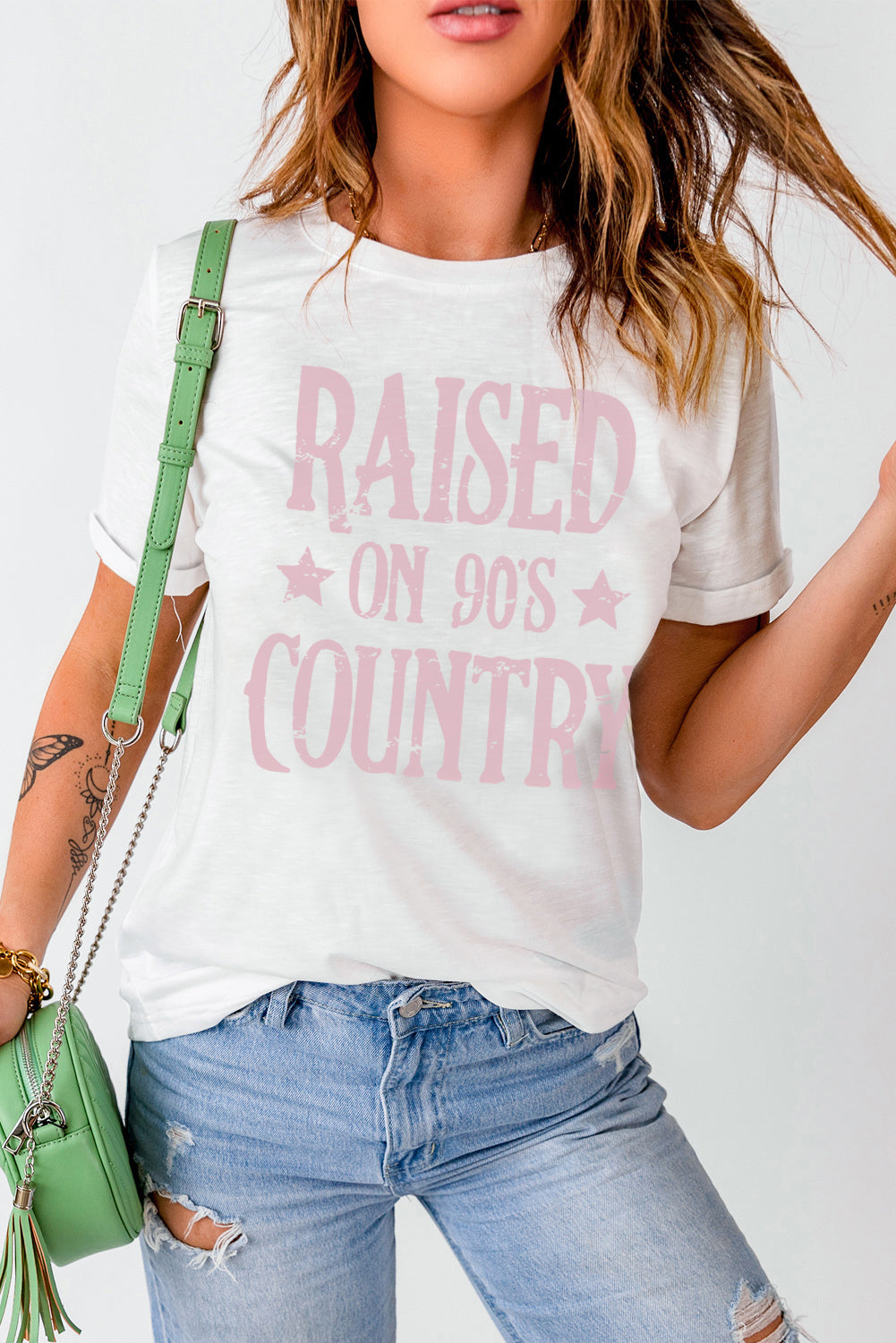 Raised on 90's Country Round Neck Tee Trendsi White S