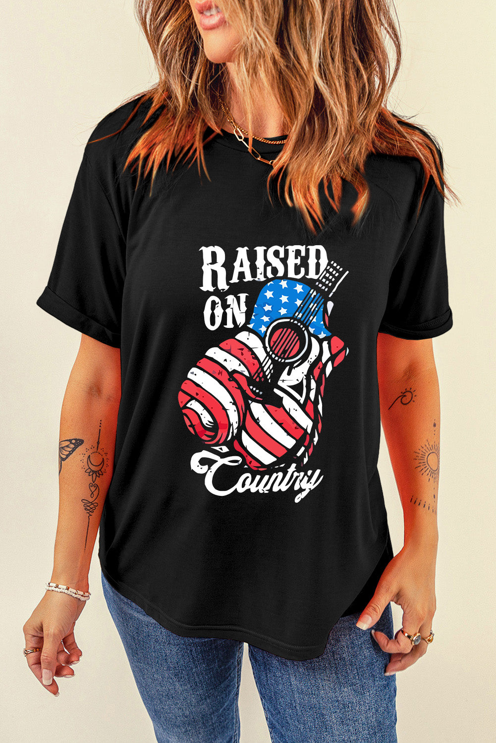 Raised on Country Round Neck T-Shirt Trendsi Black S
