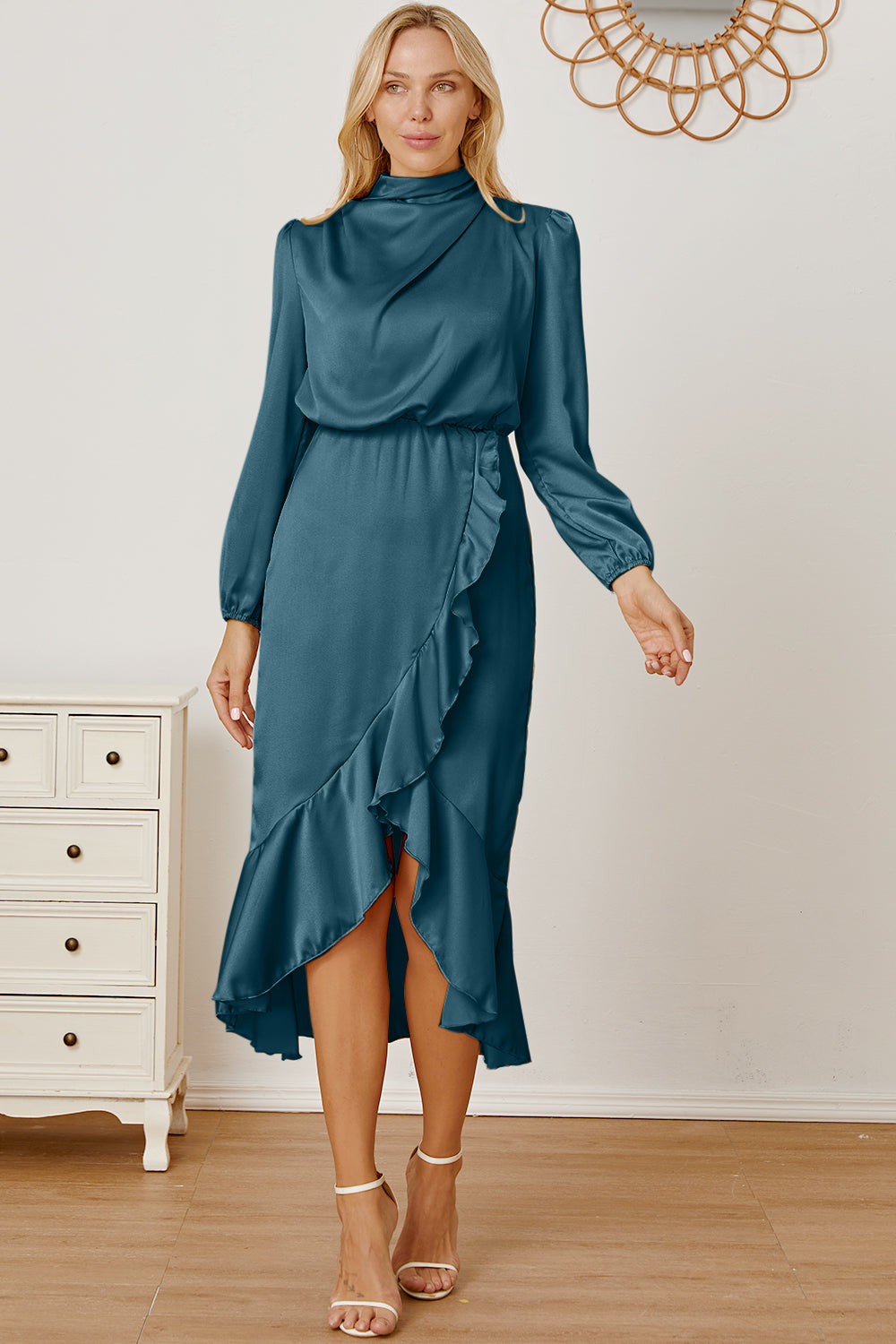 Mock Neck Asymmetrical Dress Trendsi Deep Teal S