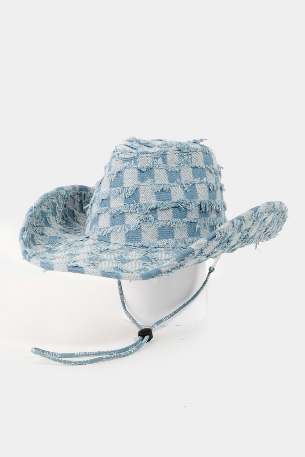 Checkered Fringe Denim Cowboy Hat Trendsi Blue One Size