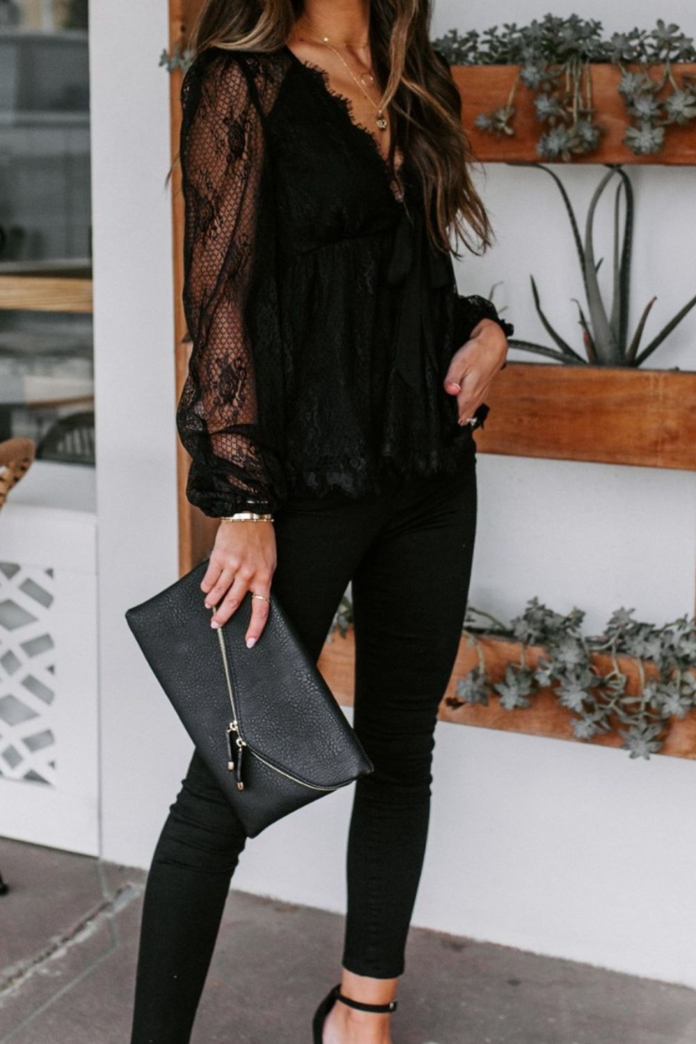 Lace Plunge Blouse Trendsi