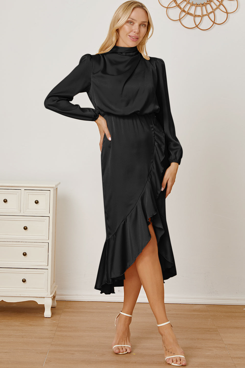 Mock Neck Asymmetrical Dress Trendsi