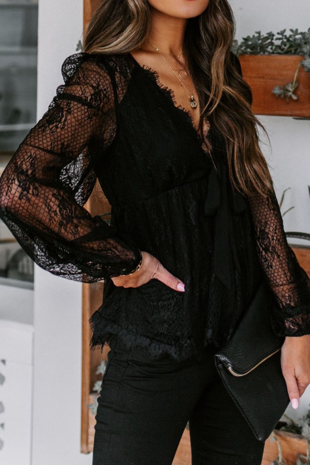 Lace Plunge Blouse Trendsi Black S - 2/4