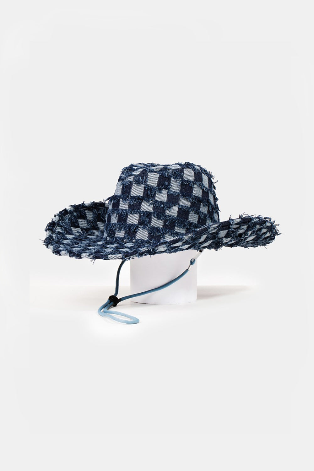 Checkered Fringe Denim Cowboy Hat Trendsi Dark Blue One Size