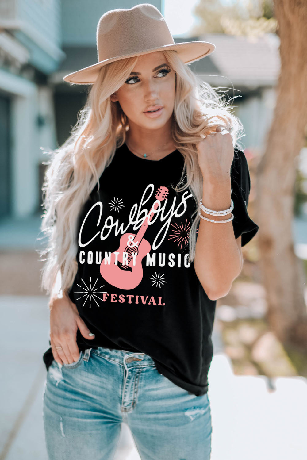 Cowboys Country Music Round Neck T-Shirt Trendsi Black S