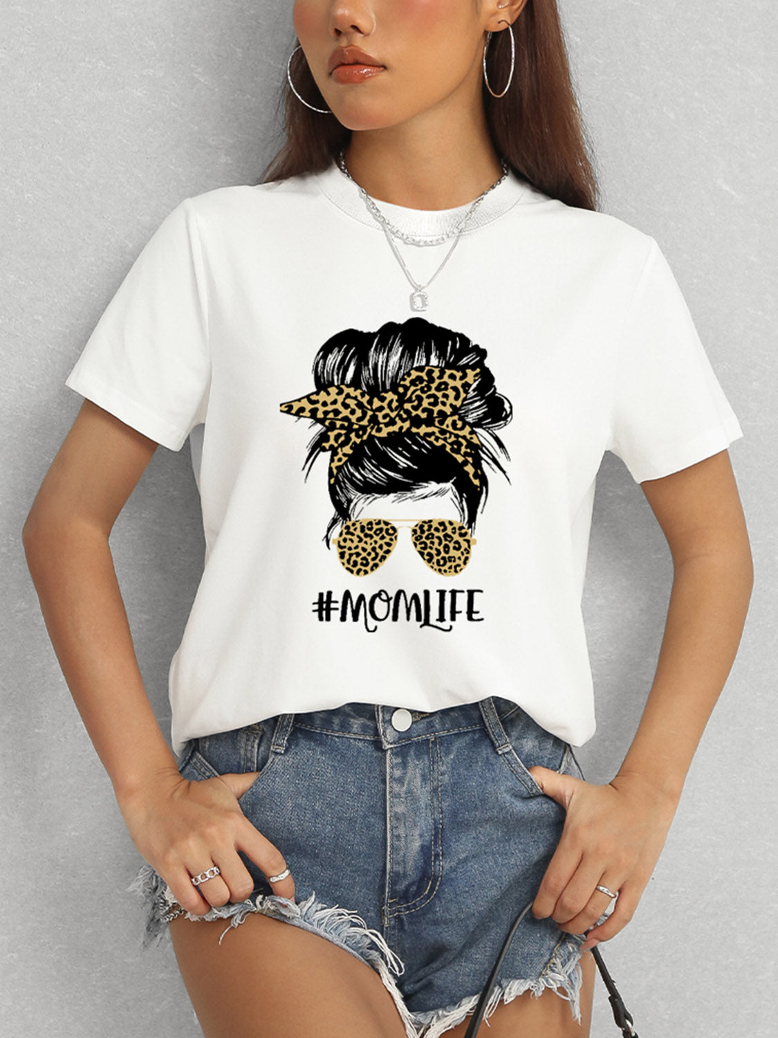 MOMLIFE Round Neck Short Sleeve T-Shirt Trendsi