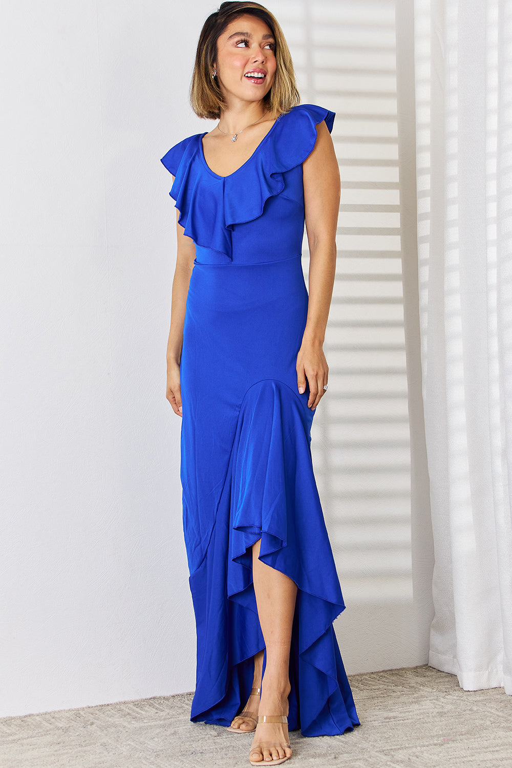 Ruffled V-Neck High-Low Dress Trendsi Dark Blue S