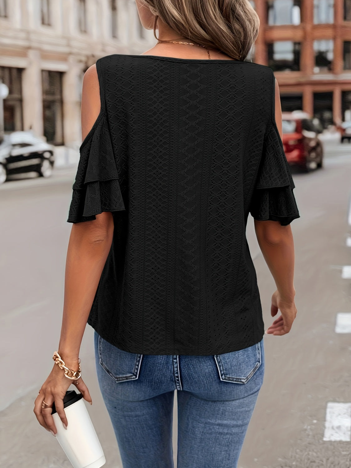 Eyelet V-Neck Cold Shoulder Blouse Trendsi