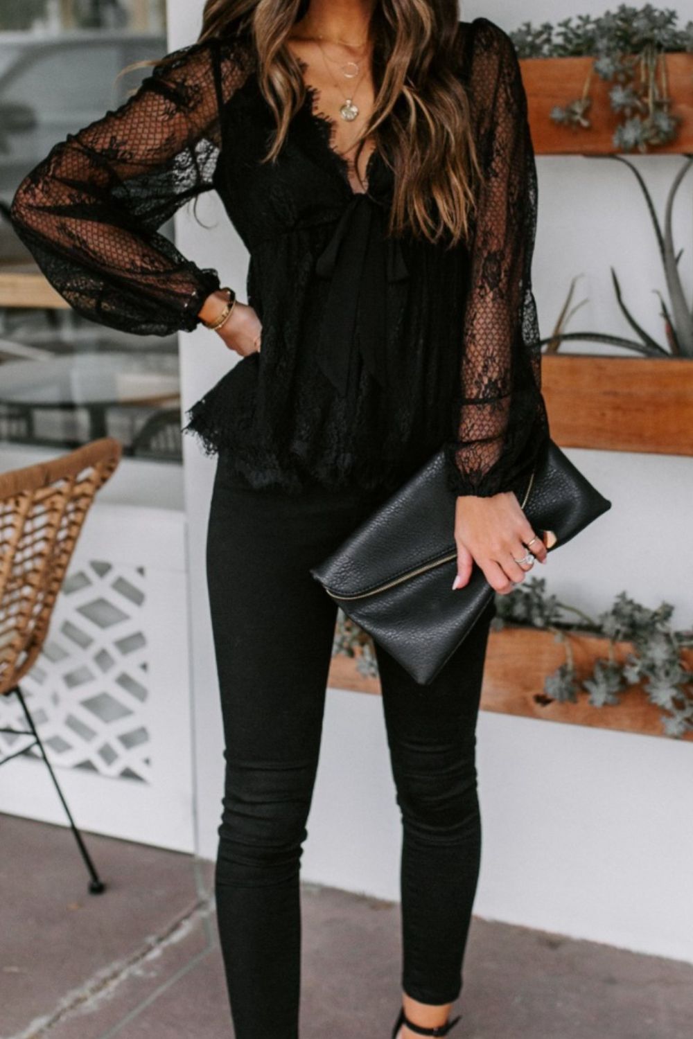 Lace Plunge Blouse Trendsi