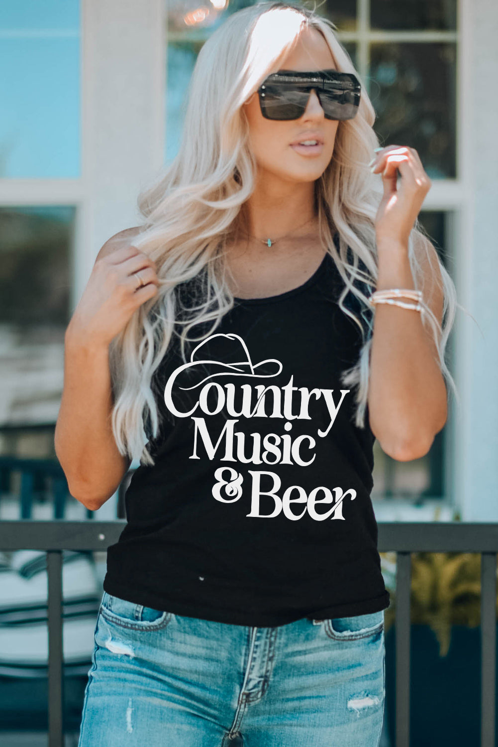 Country Music & Beer Graphic Tank Trendsi Black S