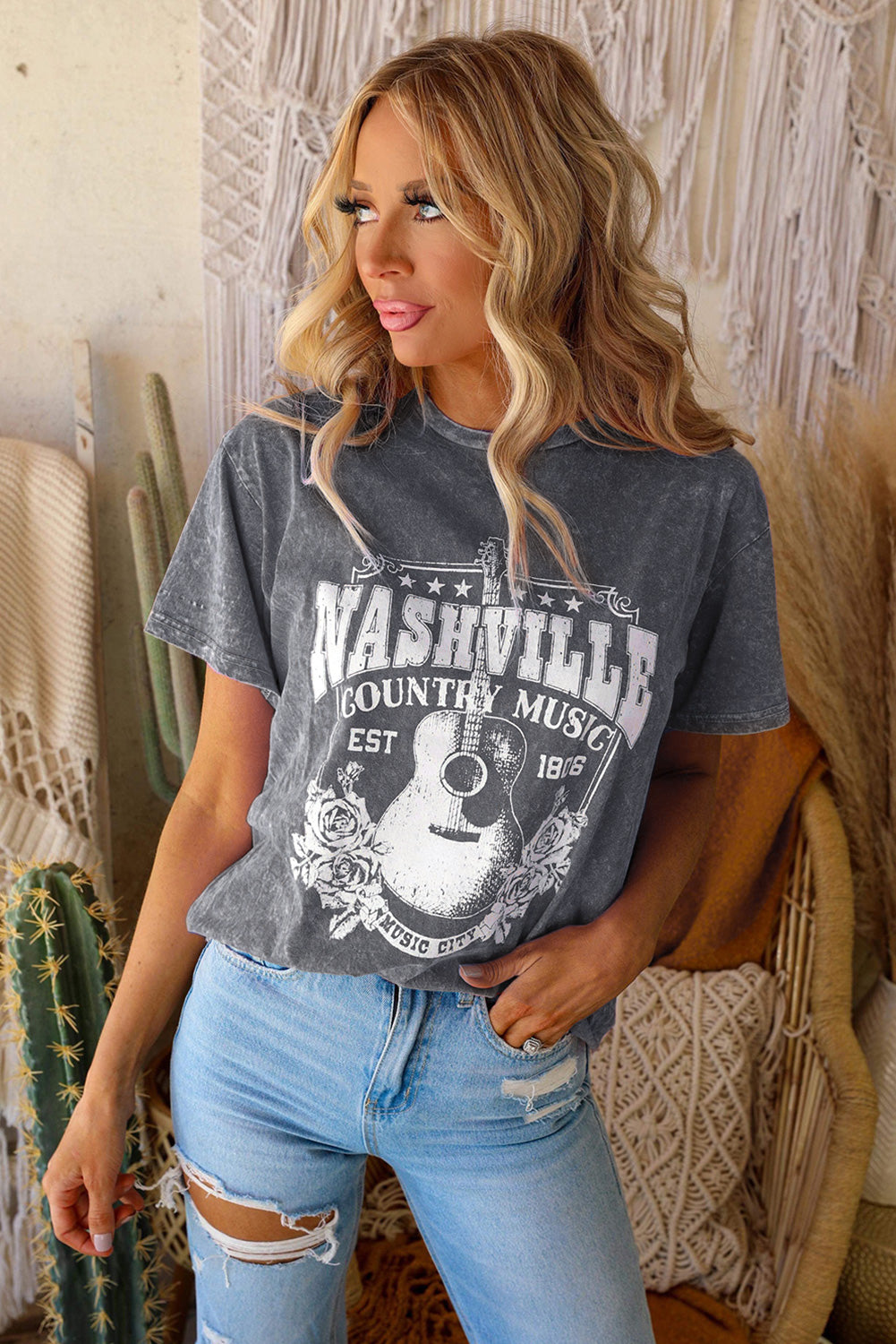 Nashville Country Music Graphic Round Neck Tee Shirt Trendsi Charcoal S