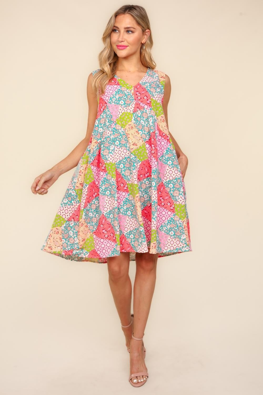 Babydoll Floral Patchwork Dress with Side Pockets Trendsi