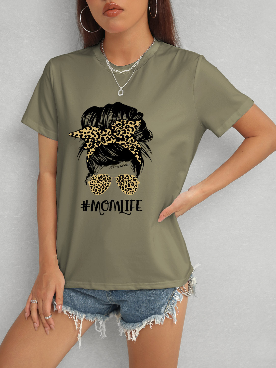 MOMLIFE Round Neck Short Sleeve T-Shirt Trendsi Army Green S