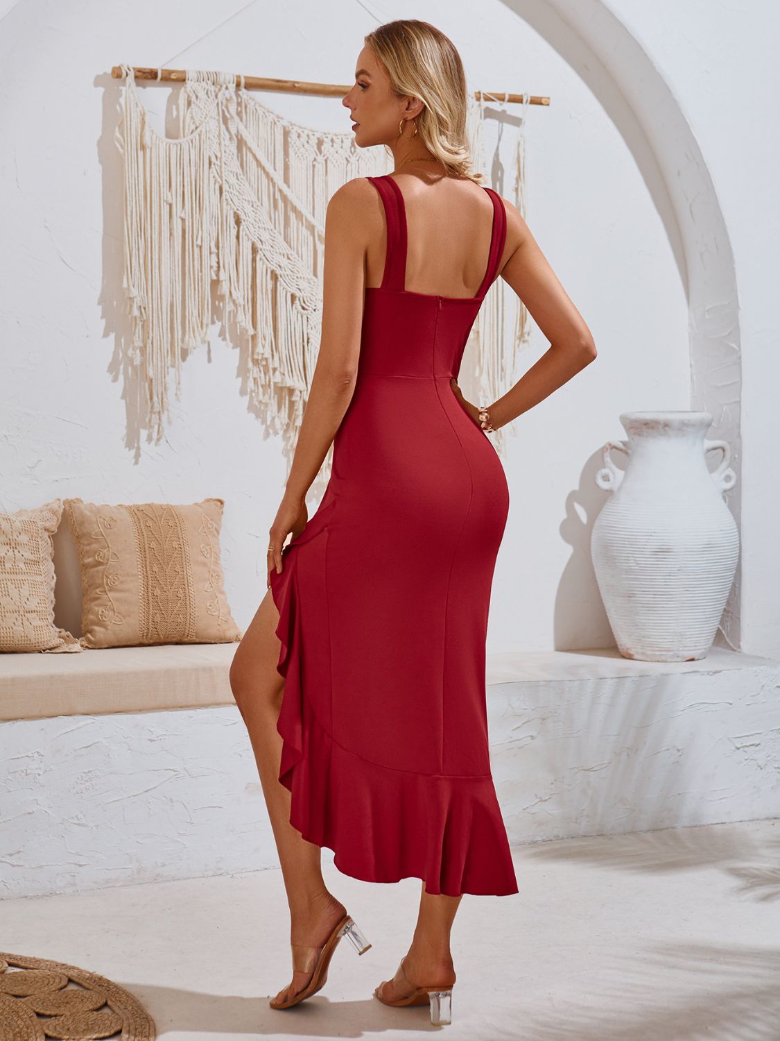 Ruffled V-Neck Midi Dress Trendsi