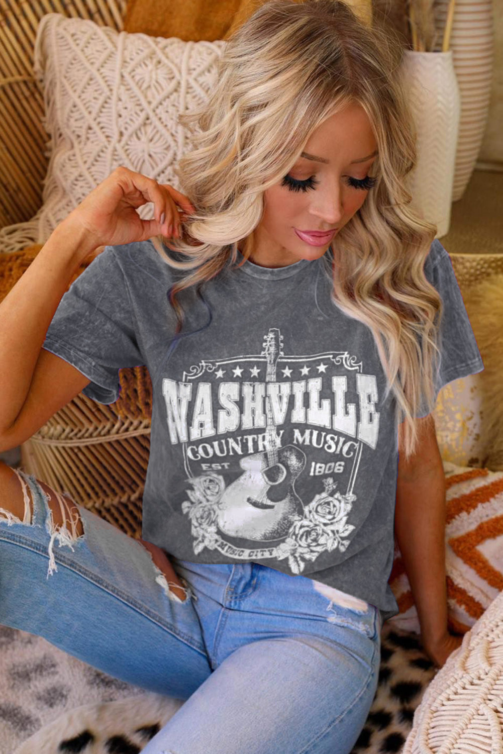 Nashville Country Music Graphic Round Neck Tee Shirt Trendsi