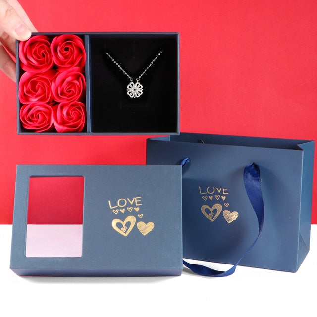 Luxury Heart Shaped Clover Necklace Jassorted Silver with Rose Box