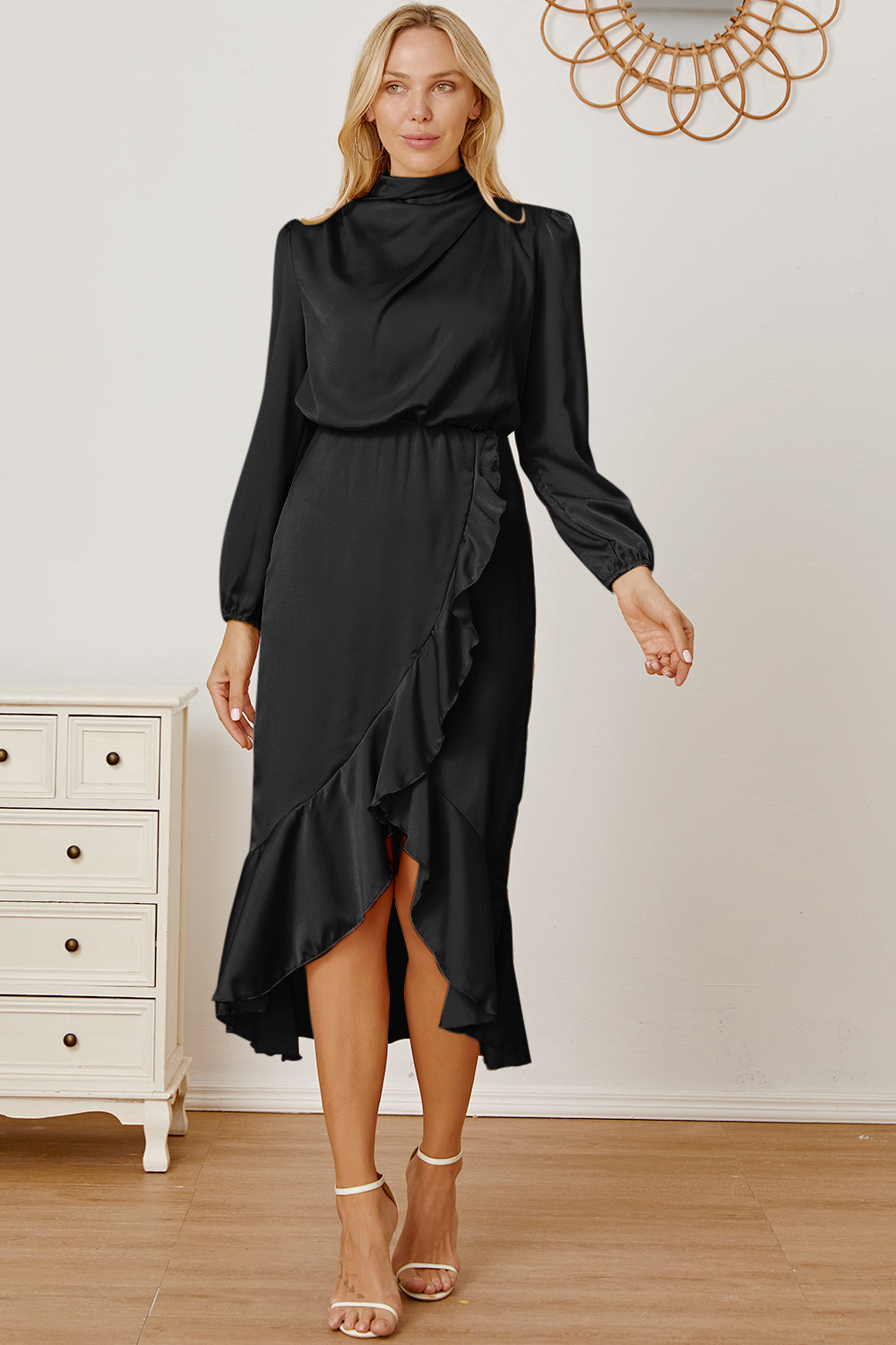 Mock Neck Asymmetrical Dress Trendsi Black S