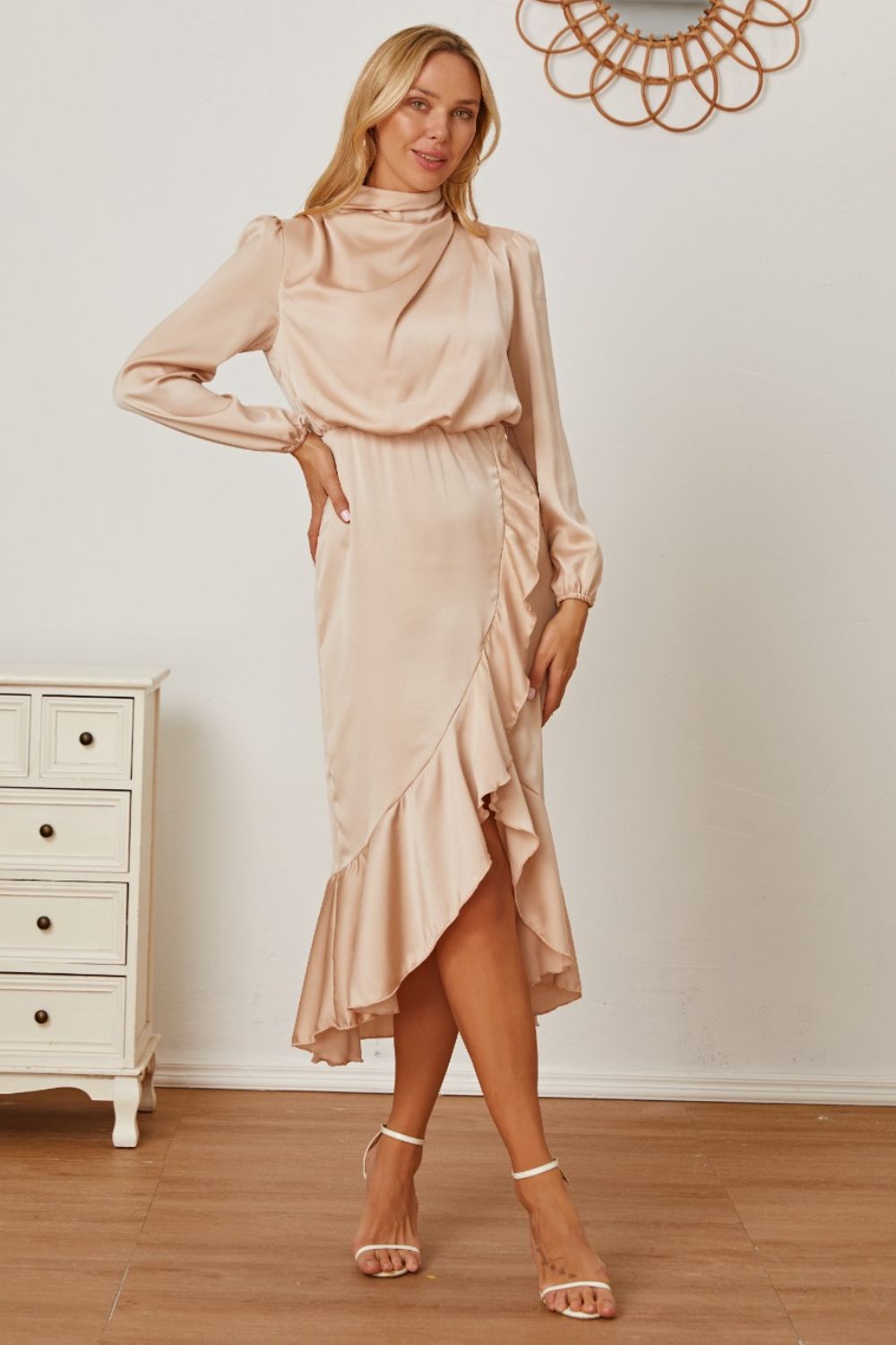 Mock Neck Asymmetrical Dress Trendsi