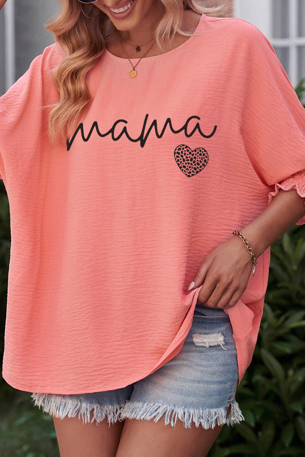 MAMA Round Neck Lantern Sleeve Blouse Trendsi Coral S