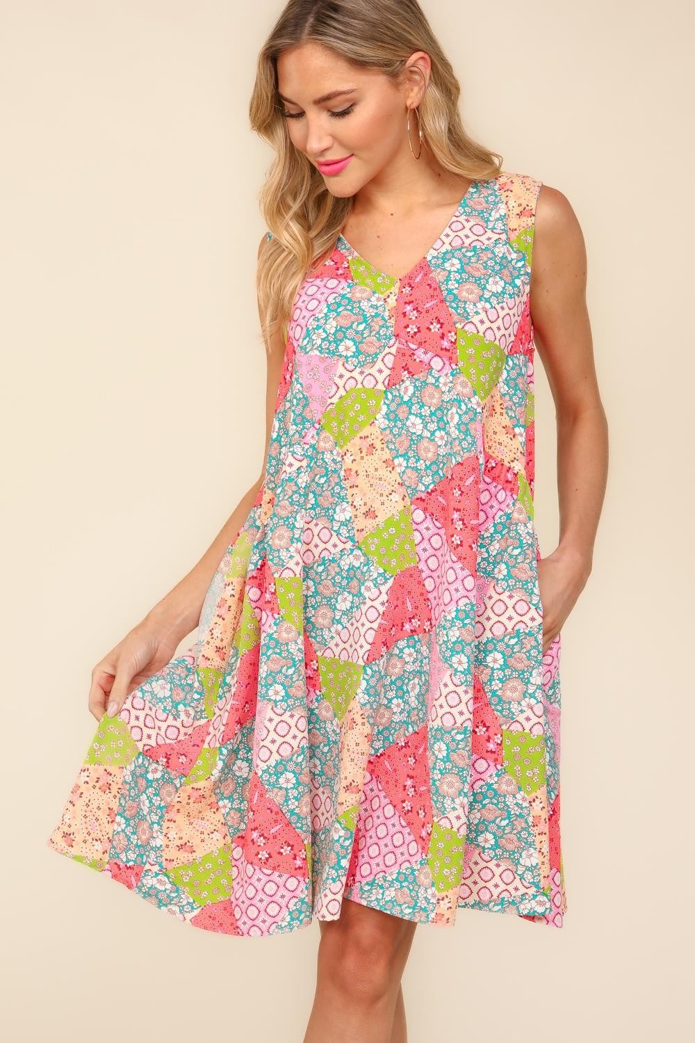 Babydoll Floral Patchwork Dress with Side Pockets Trendsi
