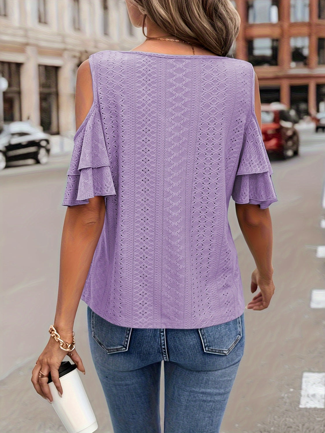 Eyelet V-Neck Cold Shoulder Blouse Trendsi