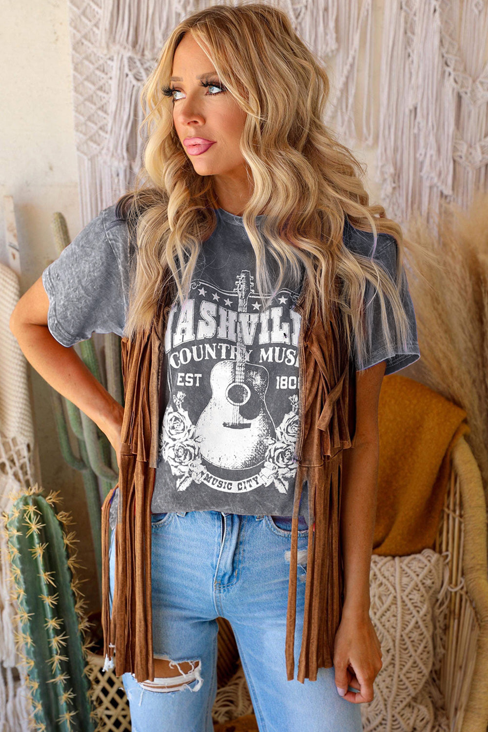 Nashville Country Music Graphic Round Neck Tee Shirt Trendsi