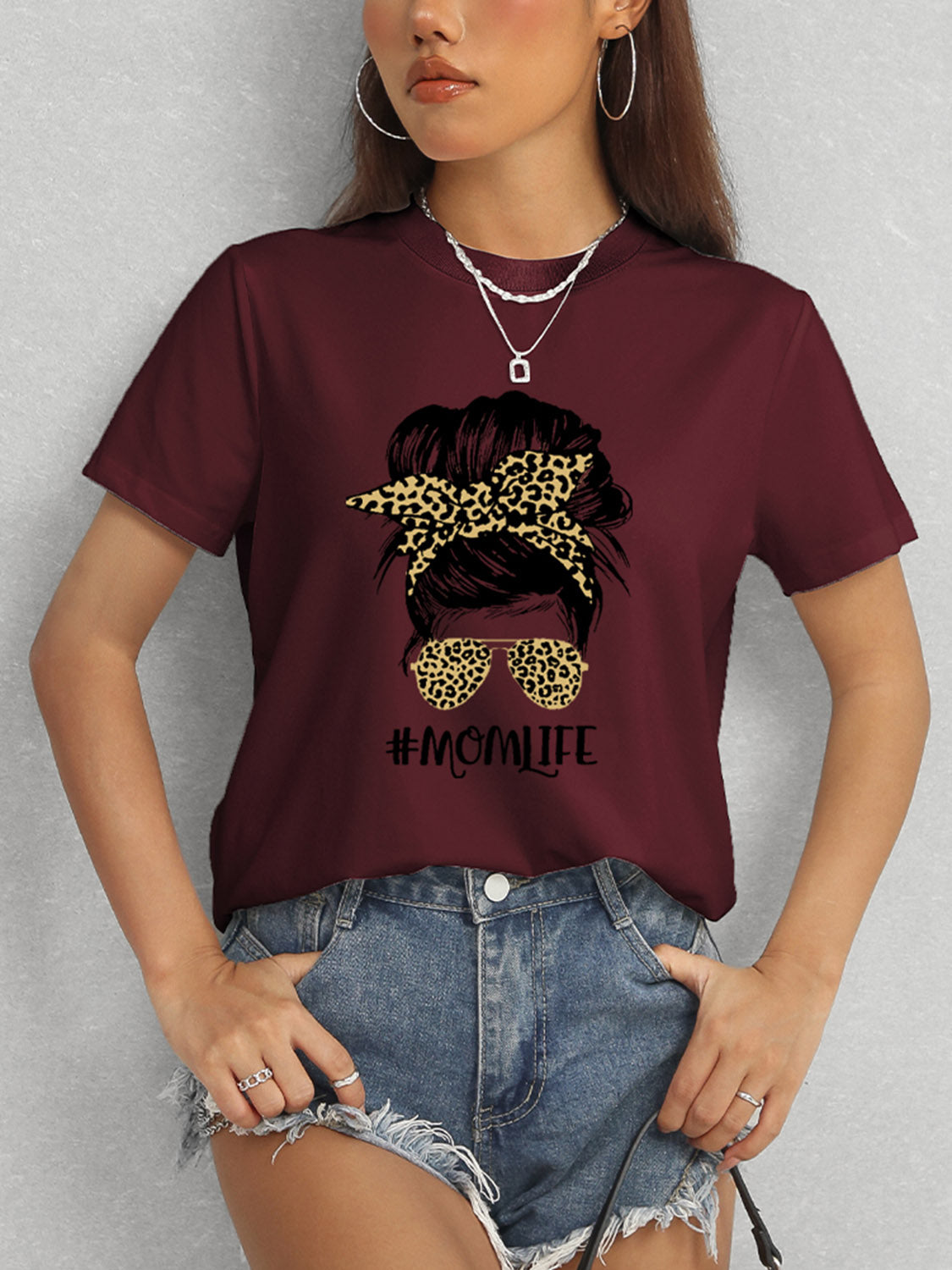 MOMLIFE Round Neck Short Sleeve T-Shirt Trendsi