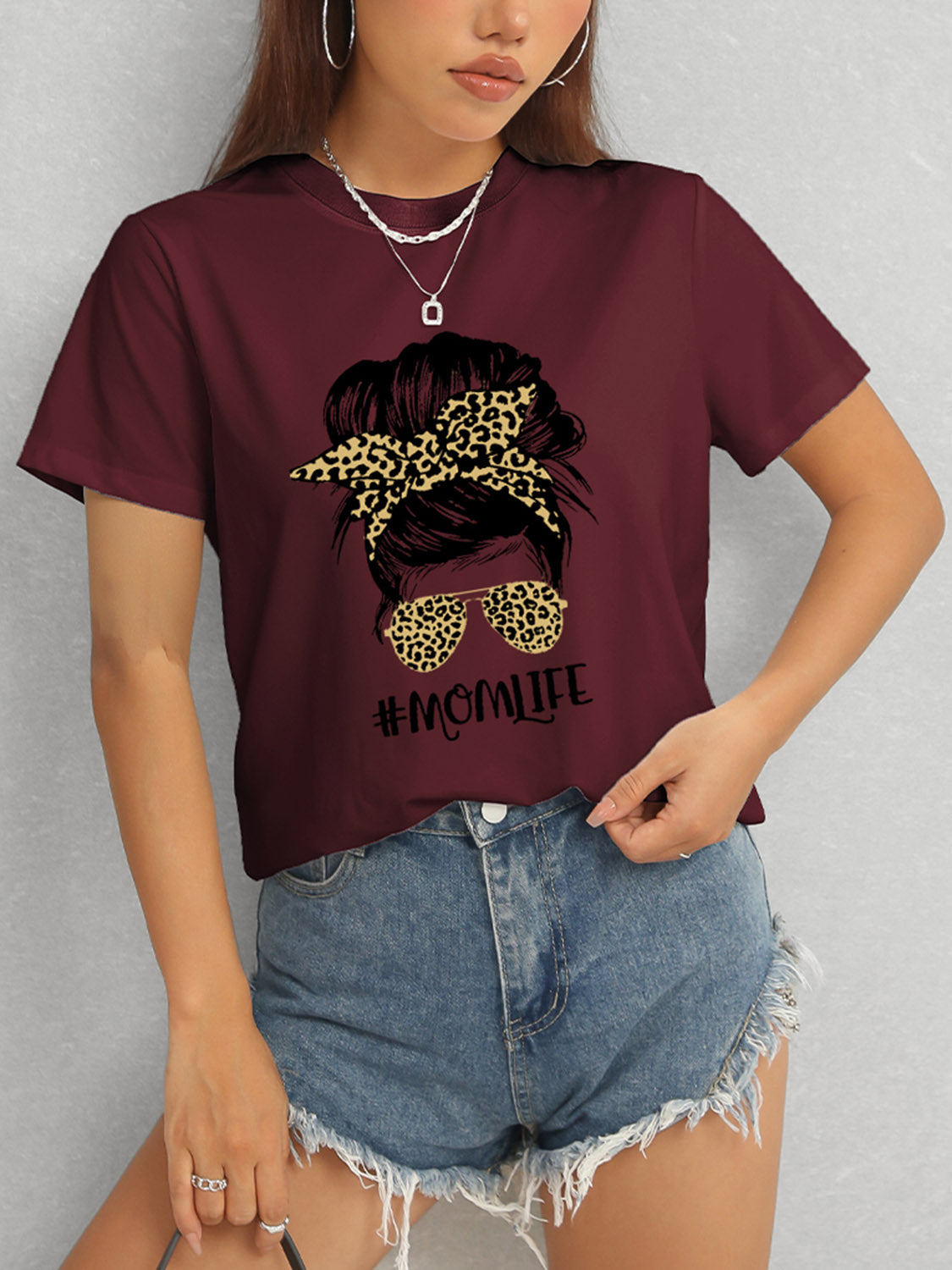 MOMLIFE Round Neck Short Sleeve T-Shirt Trendsi