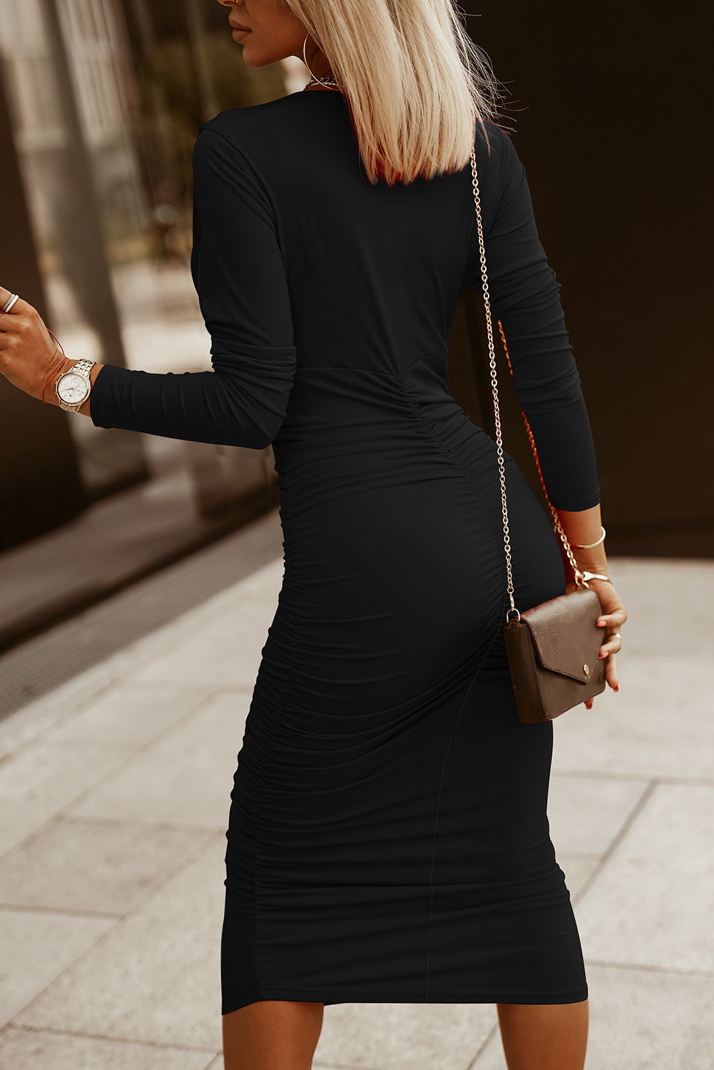 Ruched Long Sleeve Midi Dress Trendsi