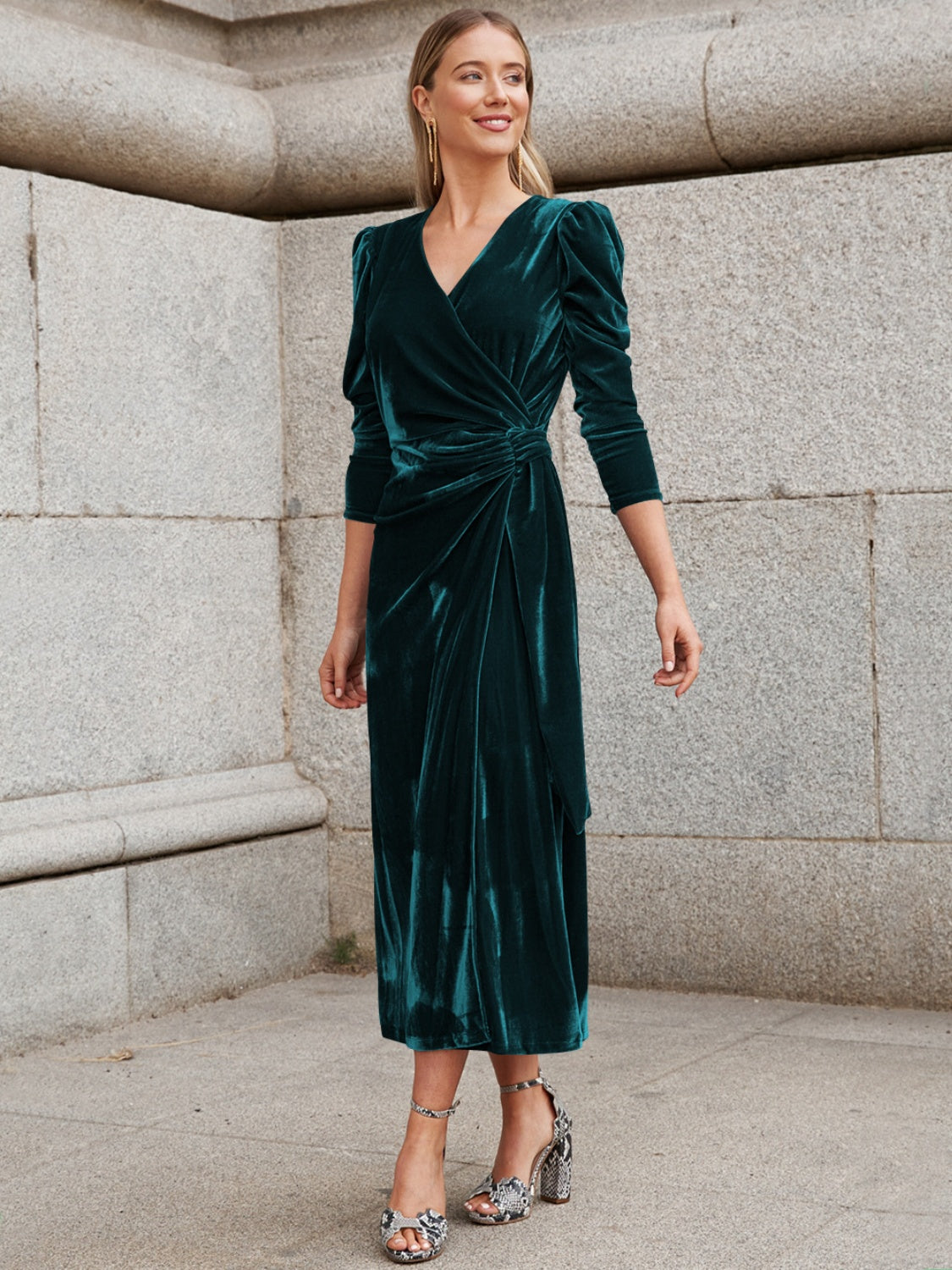 Surplice Puff Sleeve Dress Trendsi Dark Green S