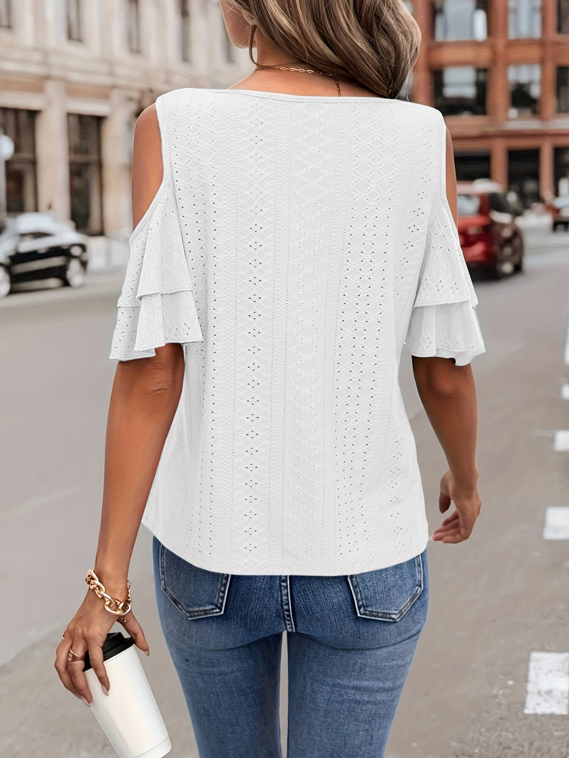 Eyelet V-Neck Cold Shoulder Blouse Trendsi