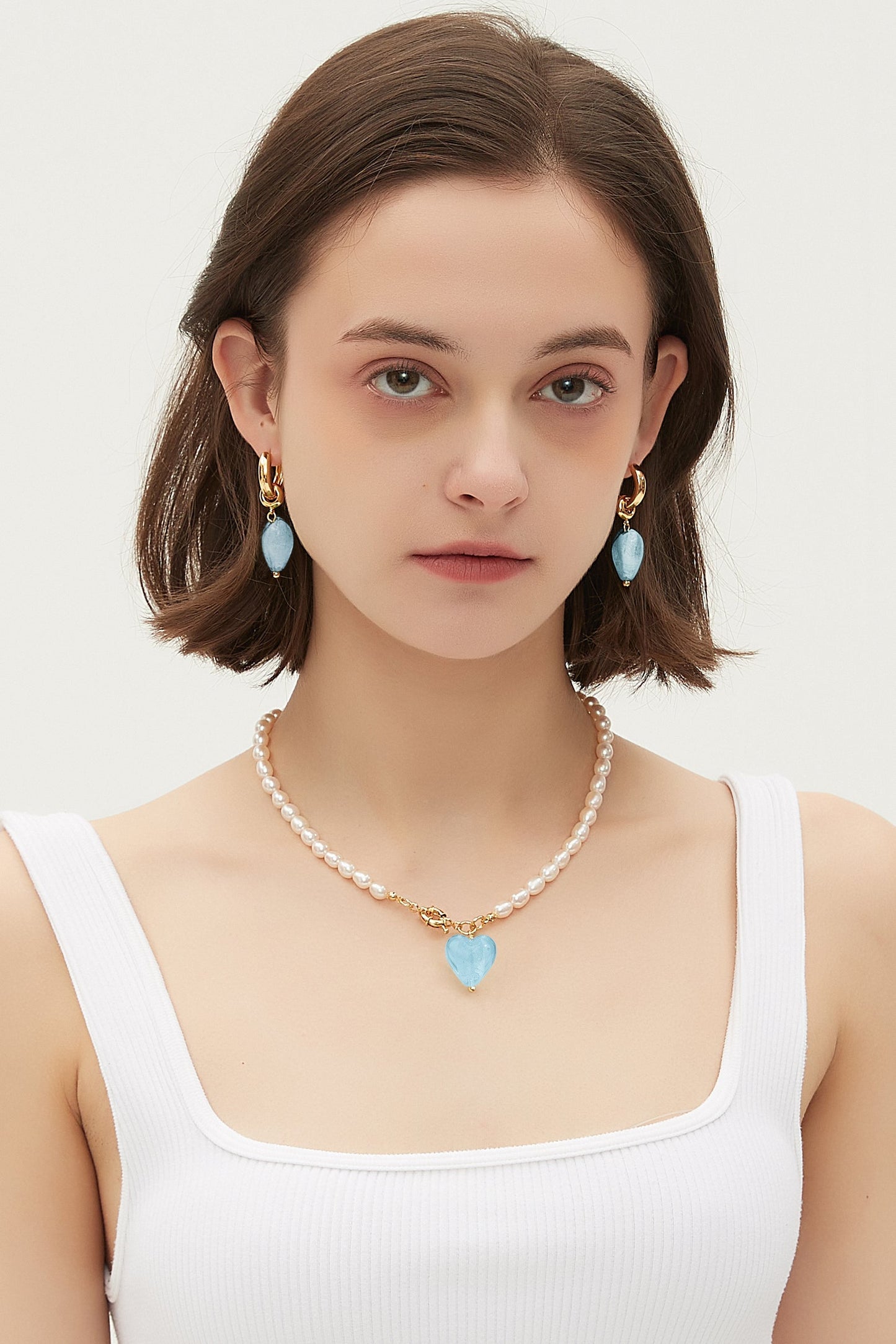 Esmée Aquamarine Glaze Heart Pendant Pearl Necklace Jewelry & Watches Salmon Pandora