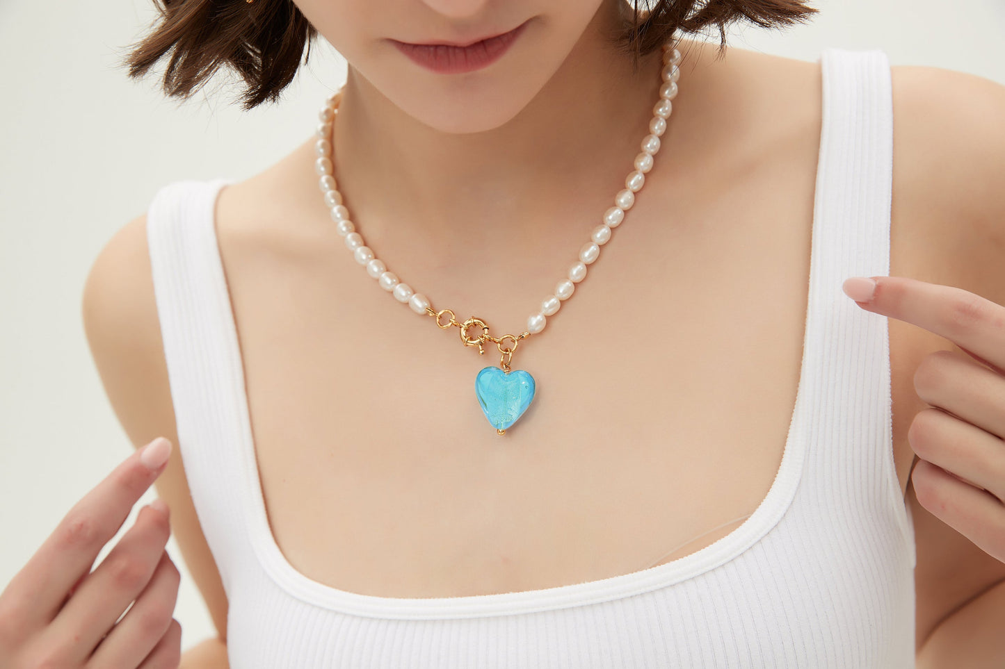 Esmée Aquamarine Glaze Heart Pendant Pearl Necklace Jewelry & Watches Salmon Pandora