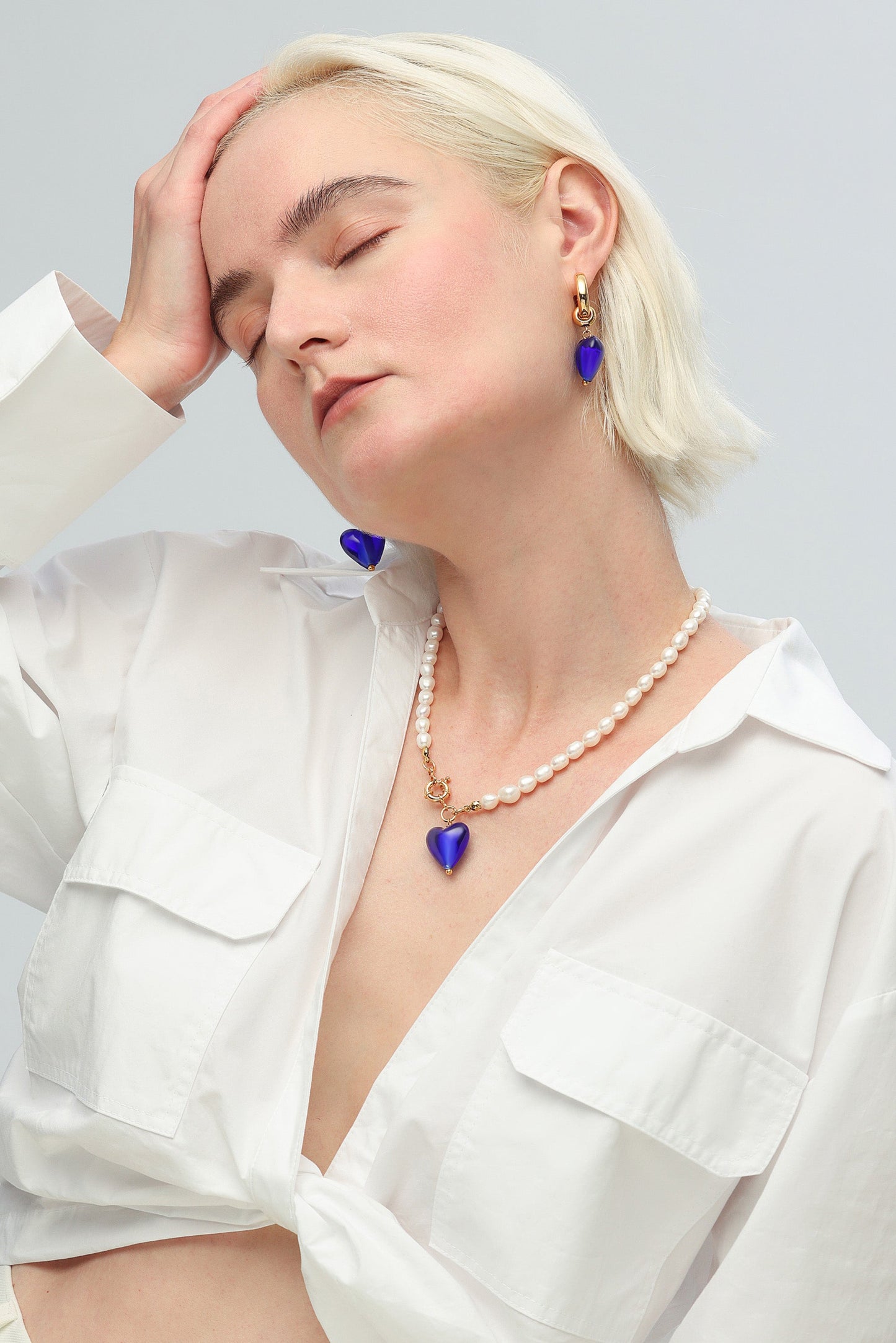 Esmée Blue Glaze Heart Pendant Pearl Necklace Jewelry & Watches Salmon Pandora