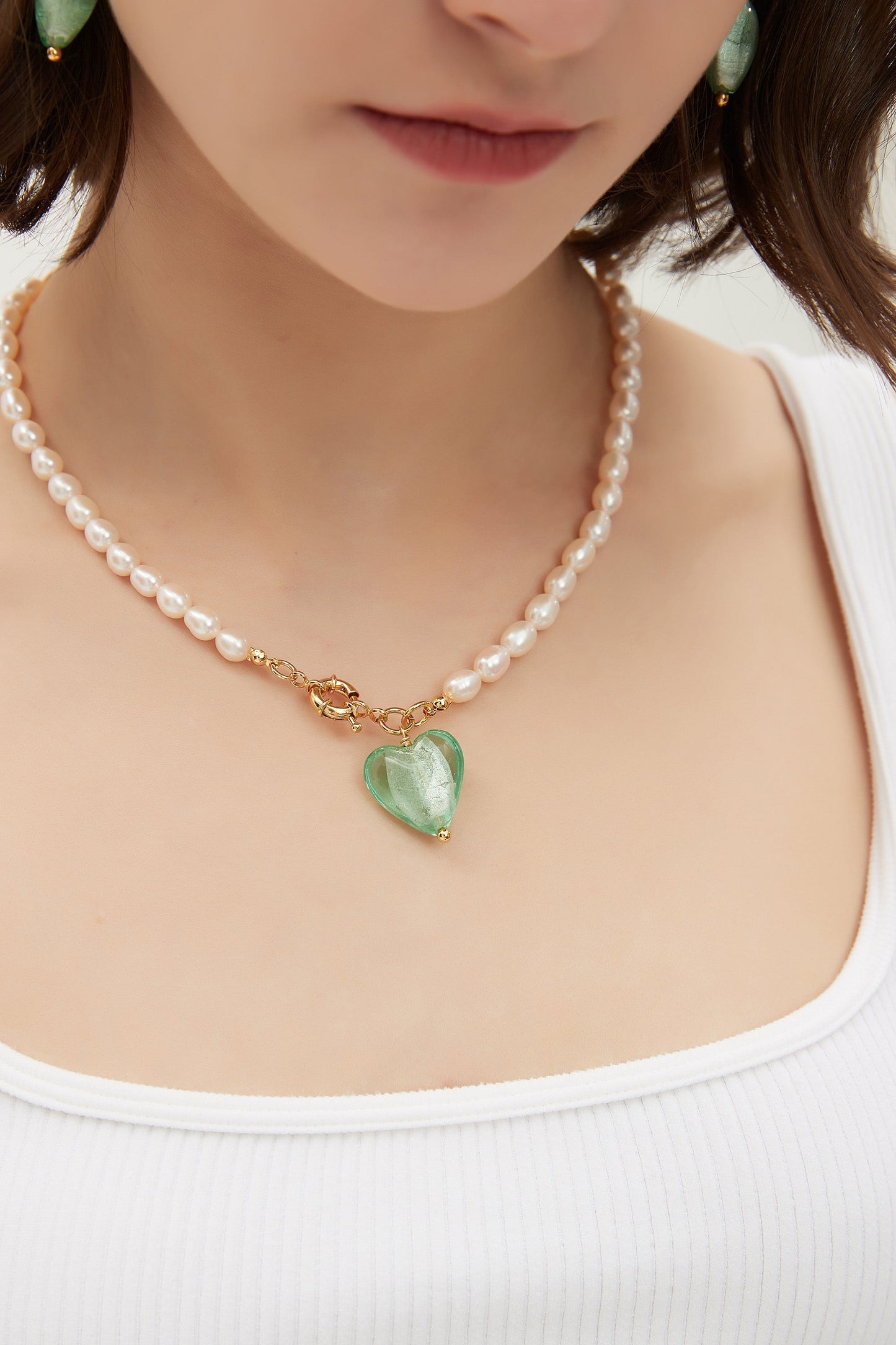 Esmée Lime Green Glaze Heart Pendant Pearl Necklace Jewelry & Watches Salmon Pandora