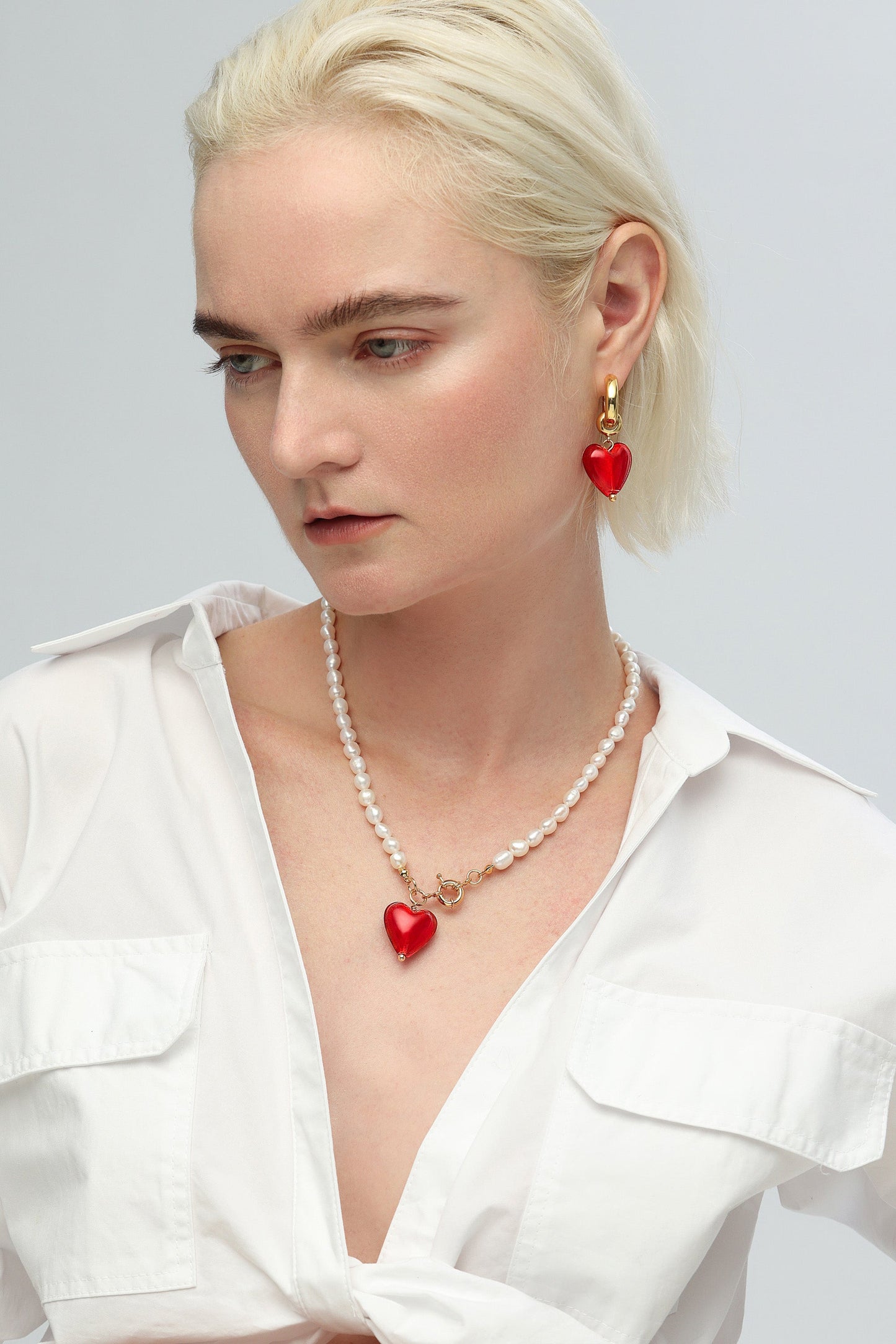 Esmée Red Glaze Heart Pendant Pearl Necklace Jewelry & Watches Salmon Pandora