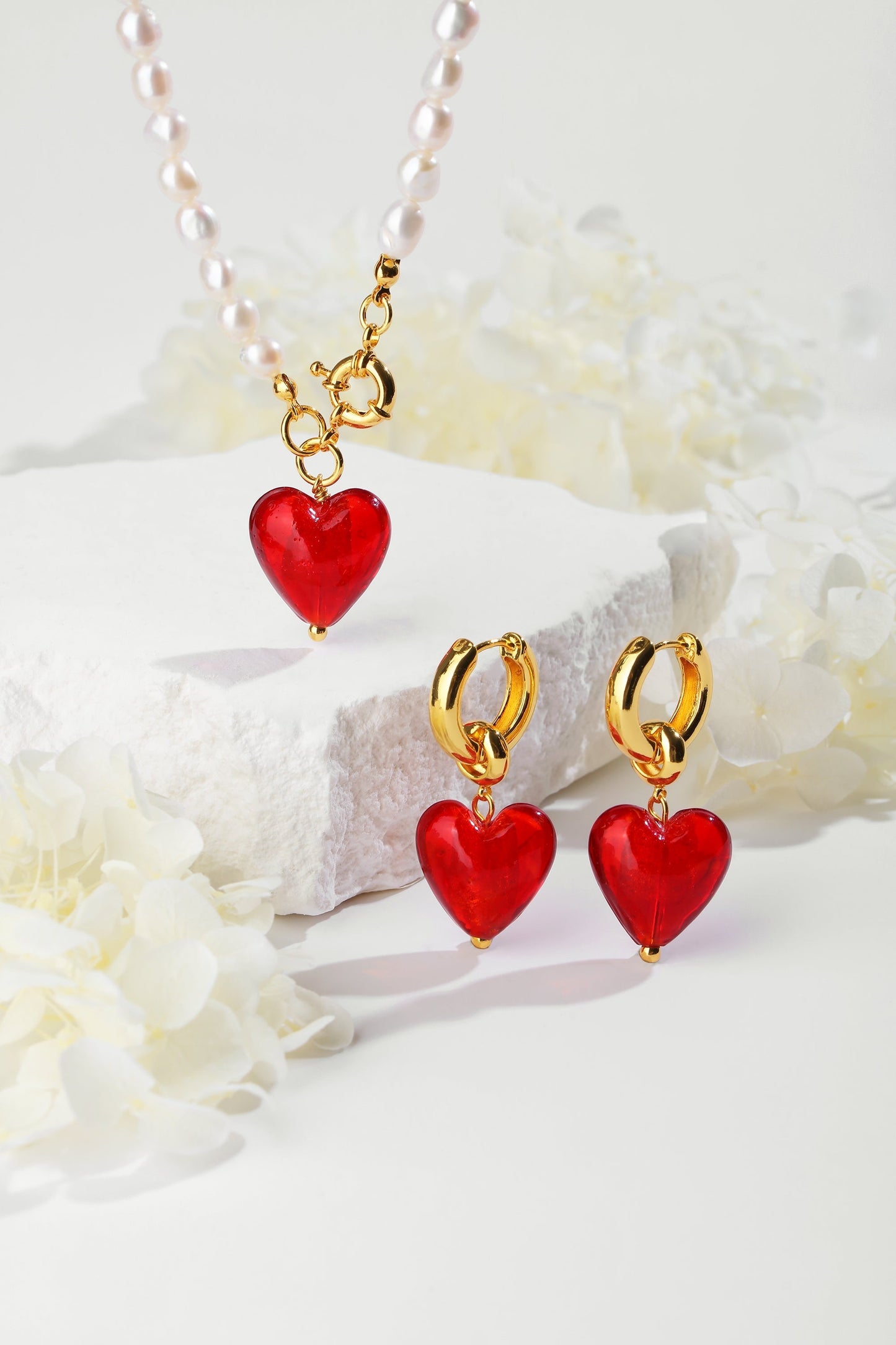 Esmée Red Glaze Heart Pendant Pearl Necklace Jewelry & Watches Salmon Pandora
