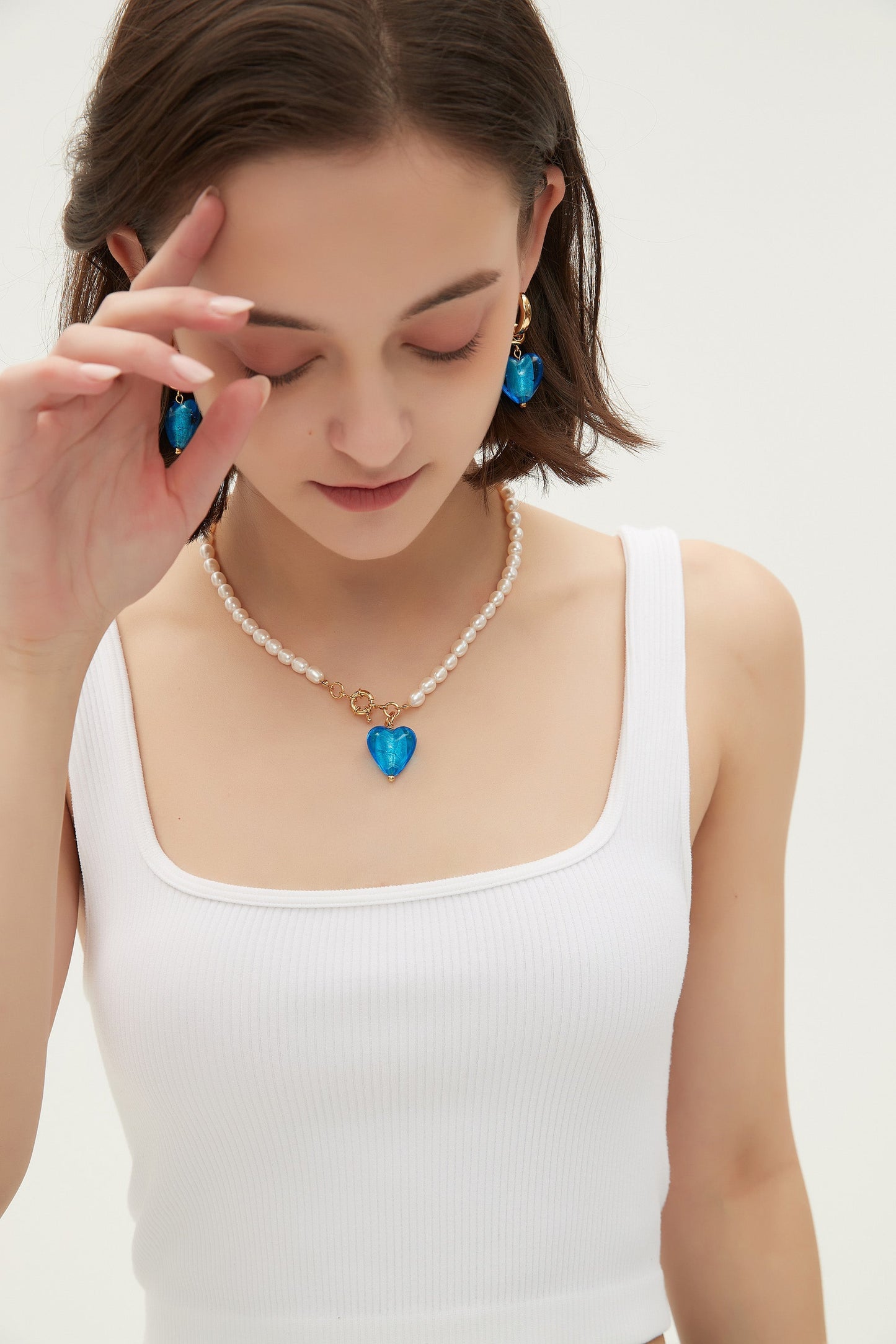 Esmée Sky Blue Glaze Heart Pendant Pearl Necklace Jewelry & Watches Salmon Pandora