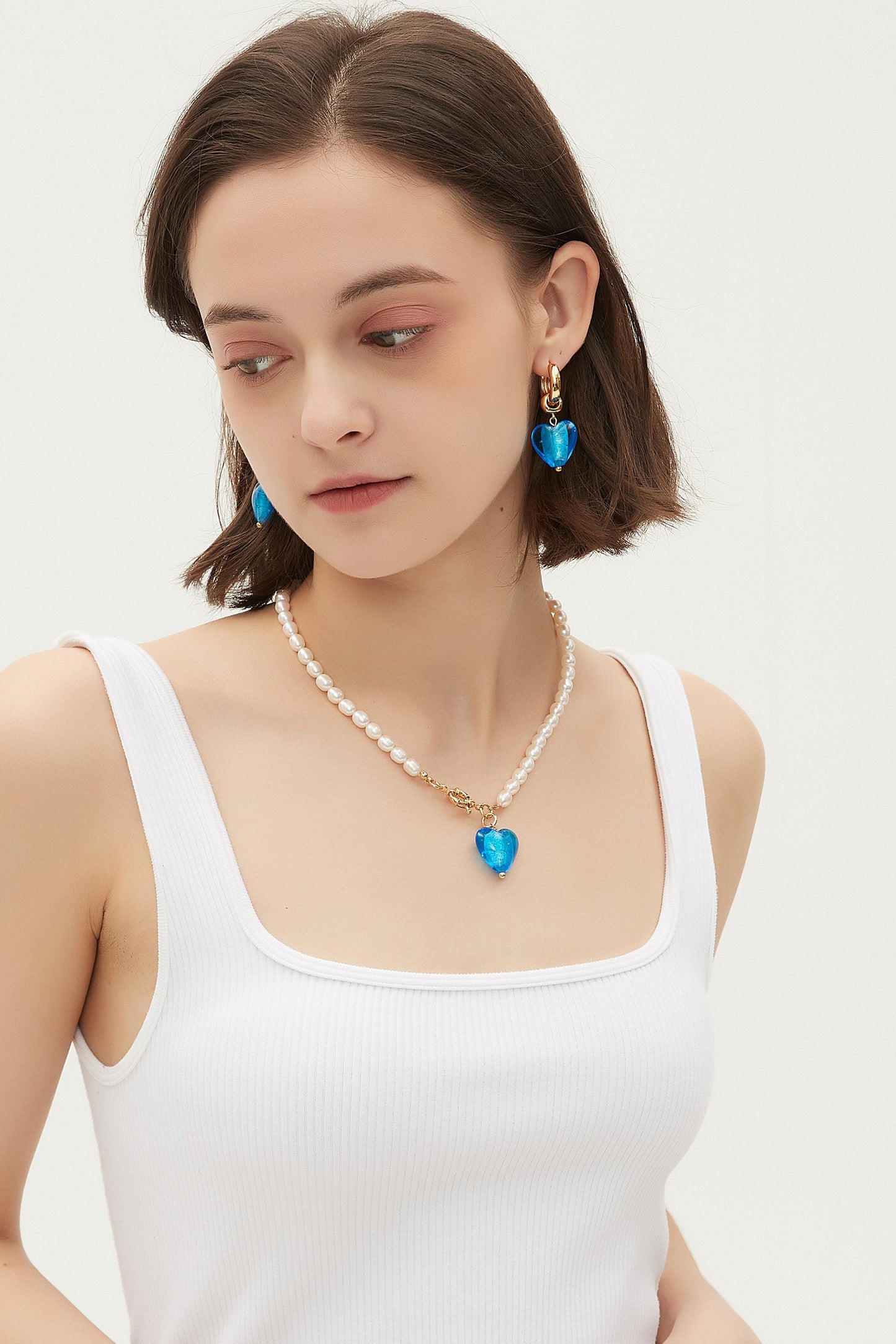 Esmée Sky Blue Glaze Heart Pendant Pearl Necklace Jewelry & Watches Salmon Pandora
