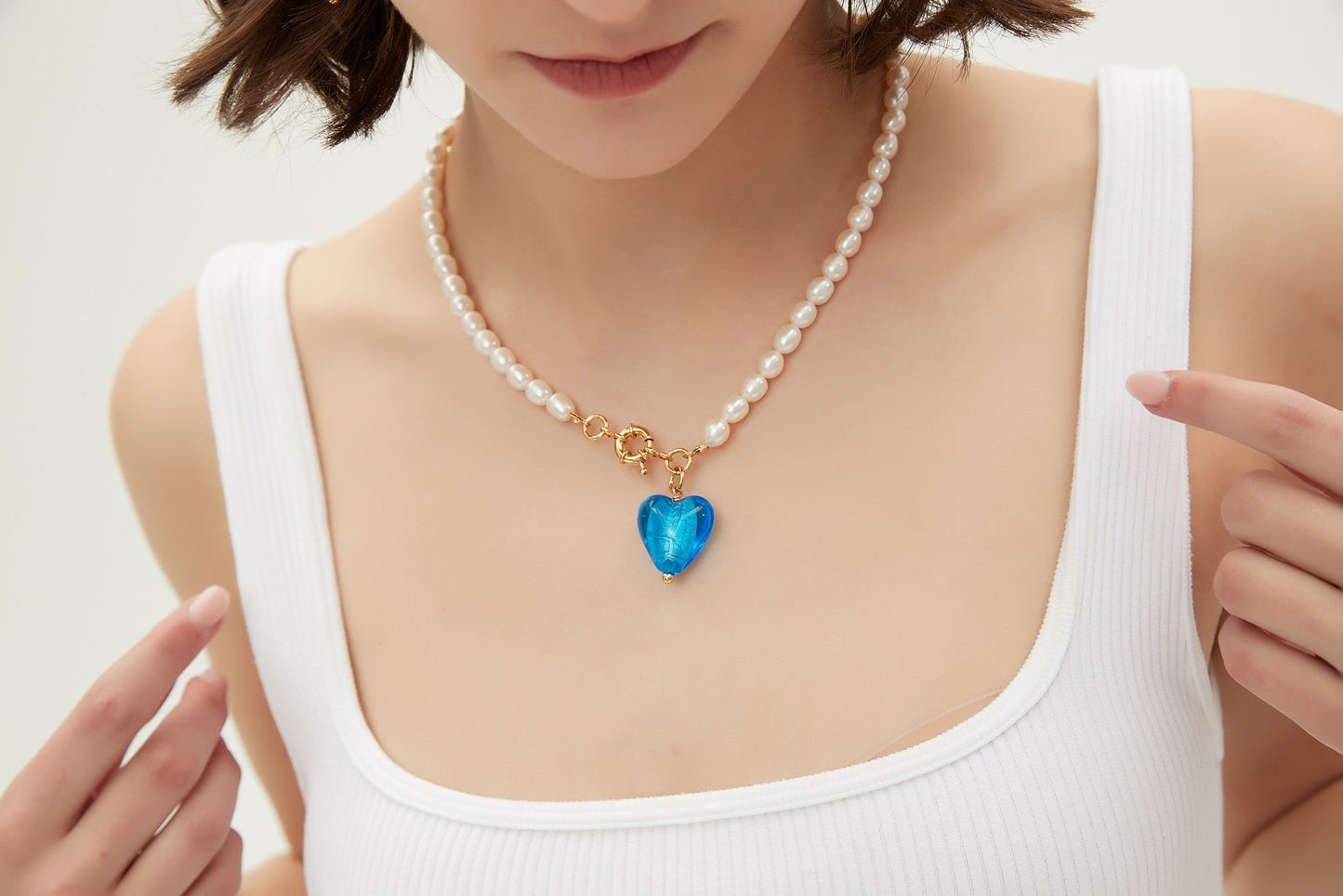 Esmée Sky Blue Glaze Heart Pendant Pearl Necklace Jewelry & Watches Salmon Pandora