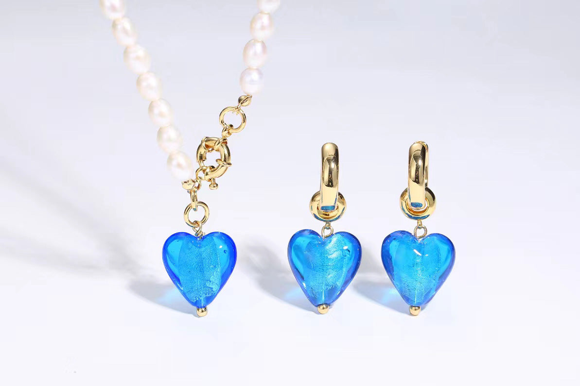 Esmée Sky Blue Glaze Heart Pendant Pearl Necklace Jewelry & Watches Salmon Pandora