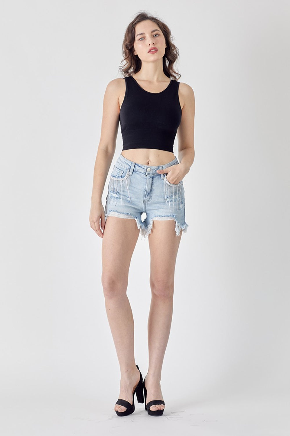 RISEN Frayed Hem Denim Shorts Trendsi