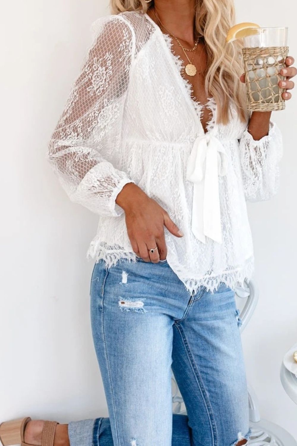 Lace Plunge Blouse Trendsi