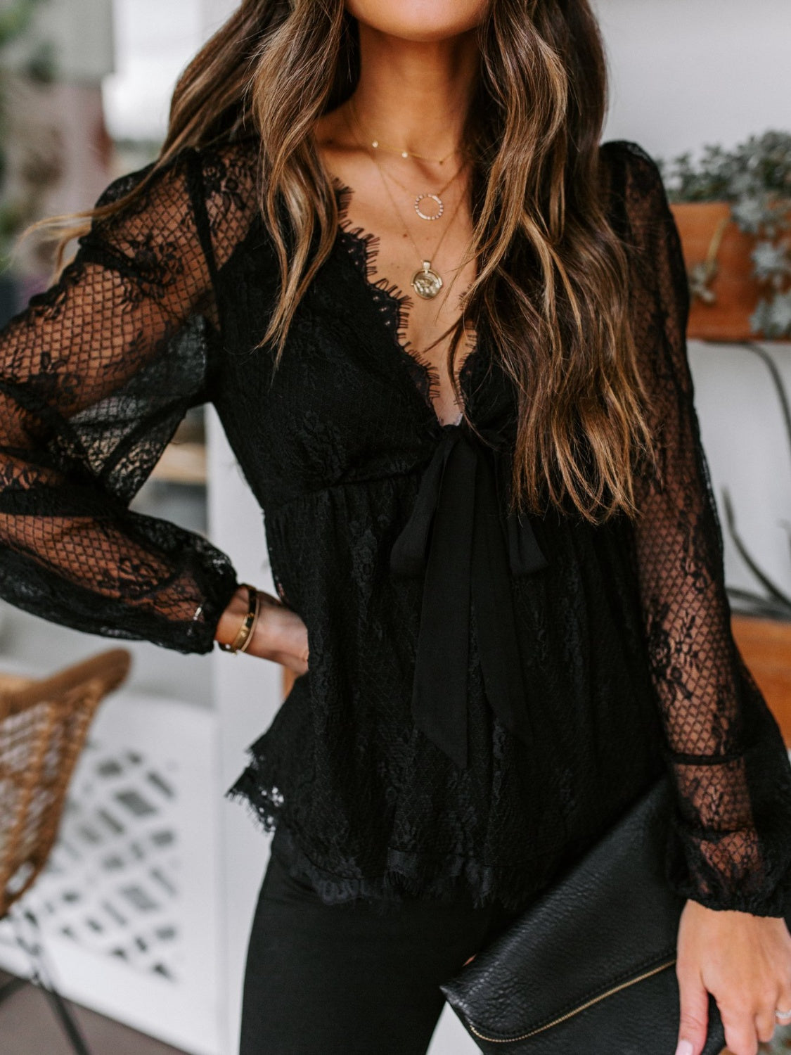 Lace Plunge Blouse Trendsi