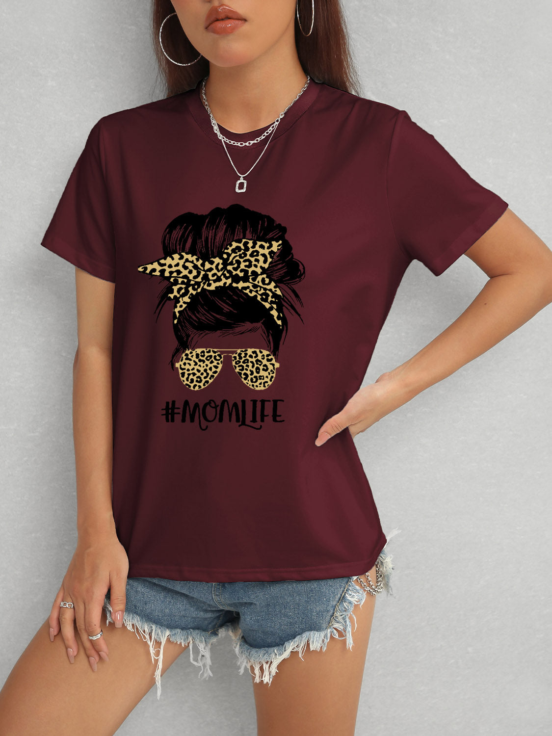 MOMLIFE Round Neck Short Sleeve T-Shirt Trendsi Wine S