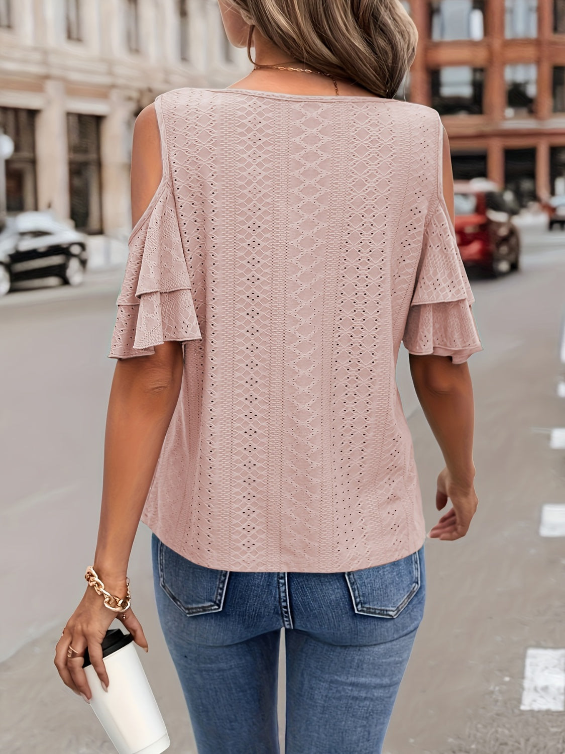 Eyelet V-Neck Cold Shoulder Blouse Trendsi