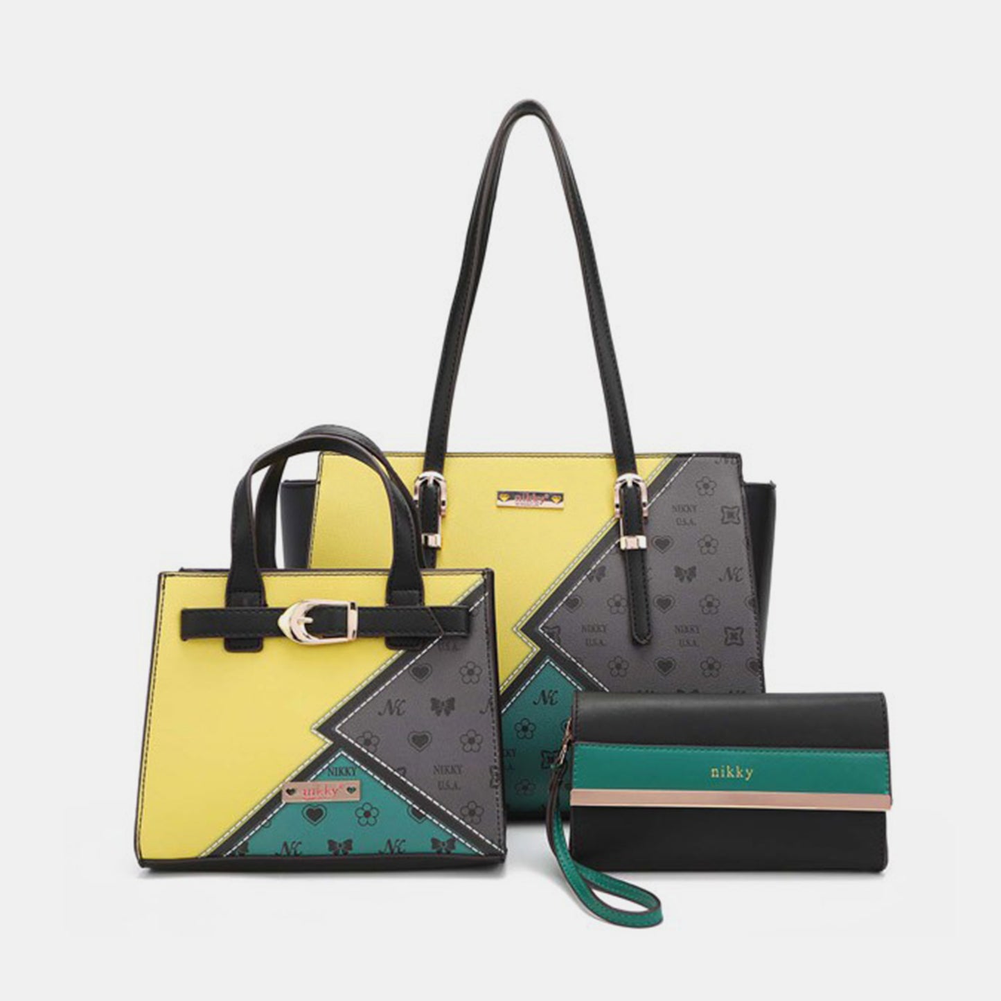 Nicole Lee USA 3-Piece Mustard Color Block Handbag Set Trendsi MUSTARD CHOCO